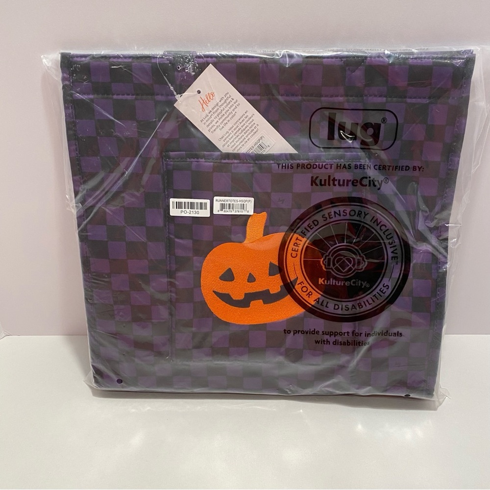 Lug Runner Tote HSQP- Purple Checkered Tote with Orange Jack-O'-Lantern NWT